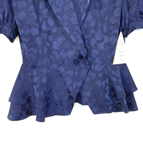 New Vintage Argenti Silk Floral Jacquard  Navy/Purple Peplum Blouse Size 8 - Picture 5 of 16